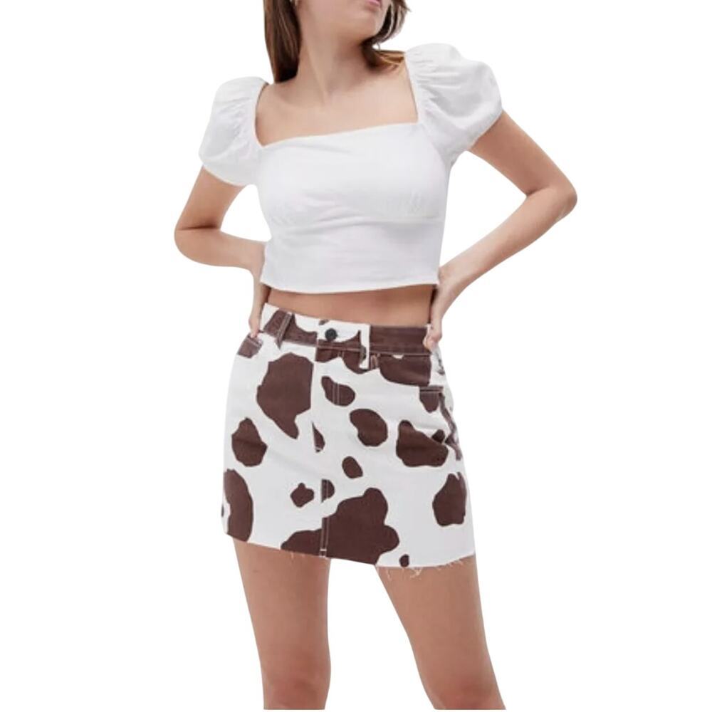 Pacsun Los Angeles Women’s Cow Print Midi Denim Skirt‎ White Brown Size 24